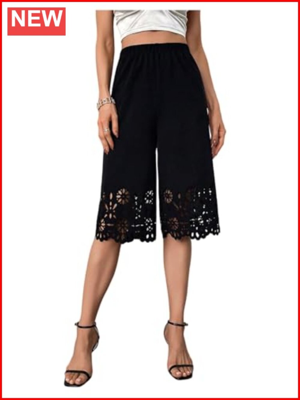 Women Wide Leg Capri Pants High Rise Scalloped Floral Eyelet Elastic Waist